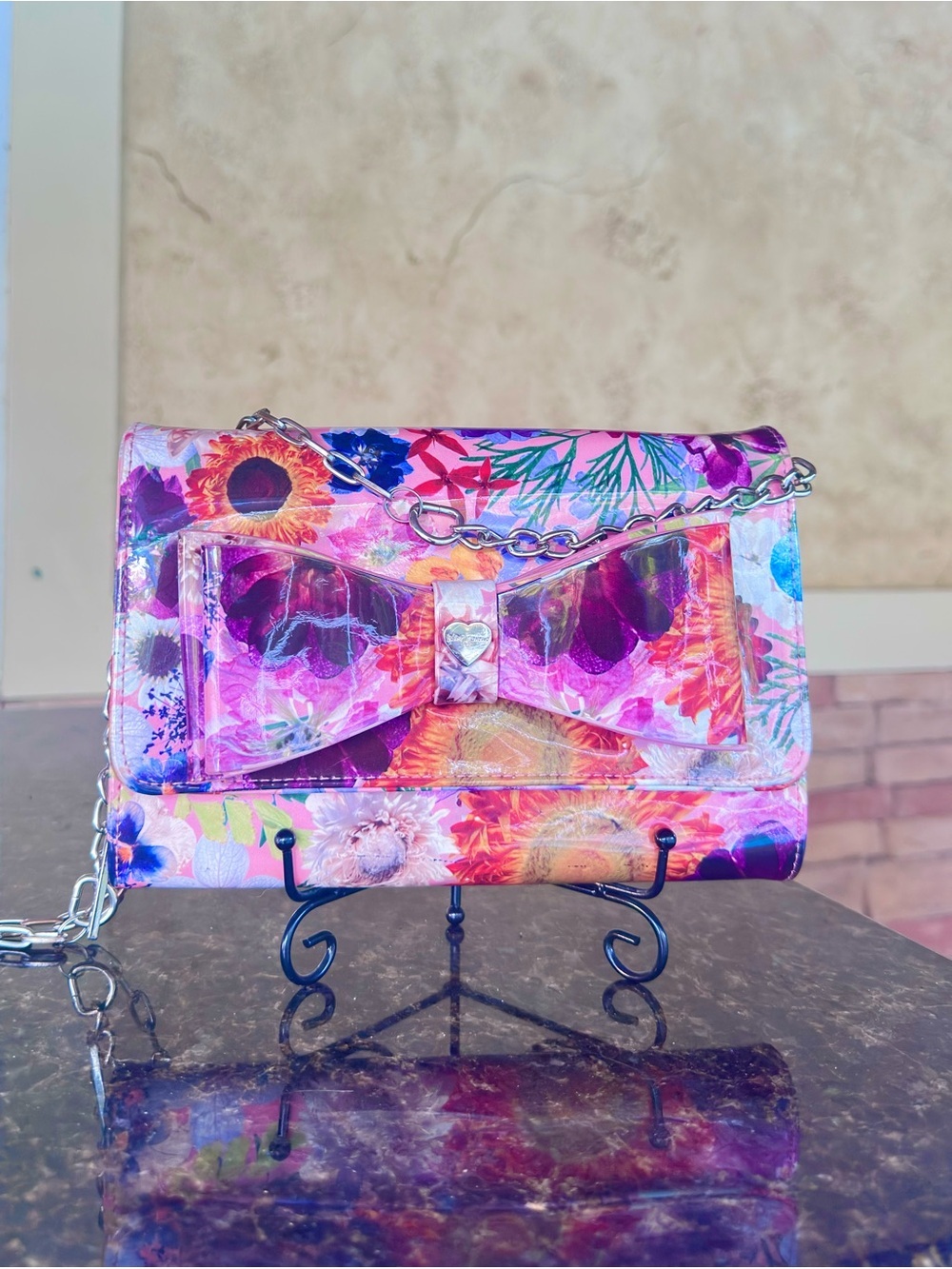 BETSEY JOHNSON Vibrant Floral Print Shoulder Bag w/Silver Crossbody Chain - Picture 16 of 17